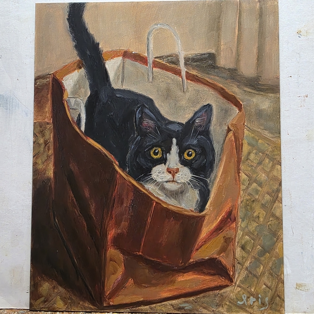 Abstract oil Painting cute Tuxedo Cat